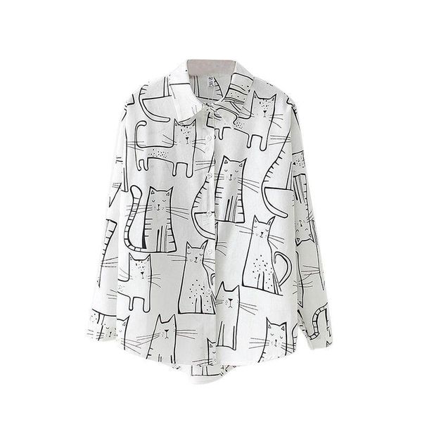 summer cat printed long sleeve blouse women loose turn down collar casual female basic blouse, White 
summer cat printed long sleeve blouse women loose turn down collar casual female basic blouse, White