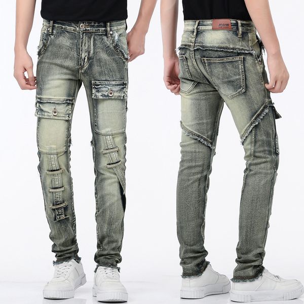 jeans men's nostalgic motorcycle street fashion work clothes small foot riding pants, Blue
jeans men's nostalgic motorcycle street fashion work clothes small foot riding pants, Blue