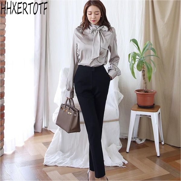 2021 spring 2 pieces set women bowknot shirts + high waist pants professional suit, White
2021 spring 2 pieces set women bowknot shirts + high waist pants professional suit, White