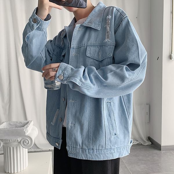 spring and autumn loose hole denim men's trend korean functional tooling jacket versatile clothes, Black;brown
spring and autumn loose hole denim men's trend korean functional tooling jacket versatile clothes, Black;brown