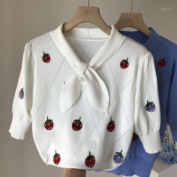 women's t-shirt 2021 spring and summer bowknot handmade strawberry pullover sweater thin short-sleeved blue top, White
women's t-shirt 2021 spring and summer bowknot handmade strawberry pullover sweater thin short-sleeved blue top, White