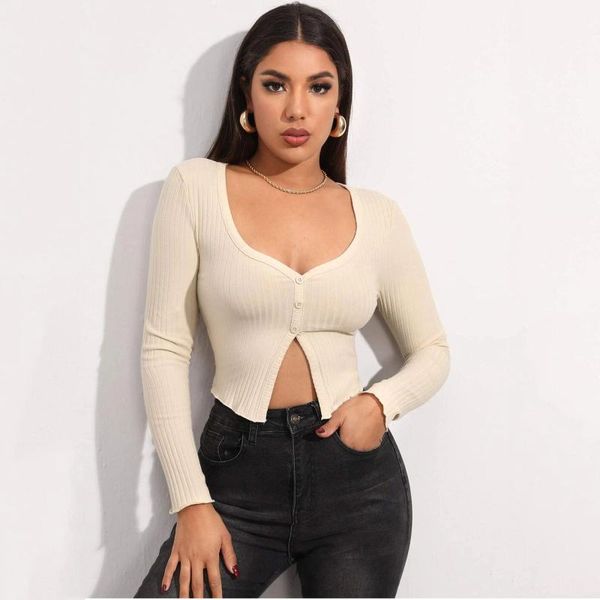 women fashion knitted ladies t-shirt long sleeve three button split retro slim crop streetwear women clothes, White
women fashion knitted ladies t-shirt long sleeve three button split retro slim crop streetwear women clothes, White