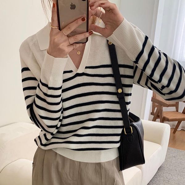 women's sweaters fashion striped collar sweater women long sleeve pullover knitted vintage streetwear pull femme, White;black
women's sweaters fashion striped collar sweater women long sleeve pullover knitted vintage streetwear pull femme, White;black