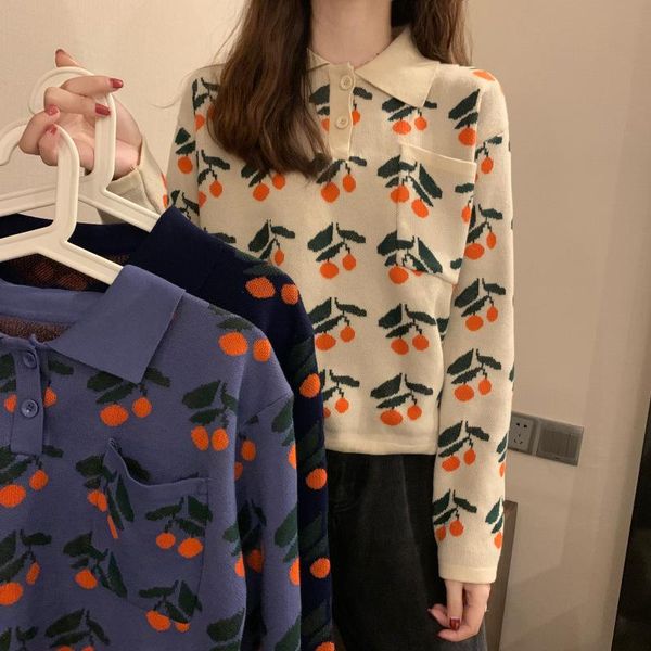 women's sweaters autumn knitwear sweet and cute collar button half open small orange print sweater, White;black
women's sweaters autumn knitwear sweet and cute collar button half open small orange print sweater, White;black