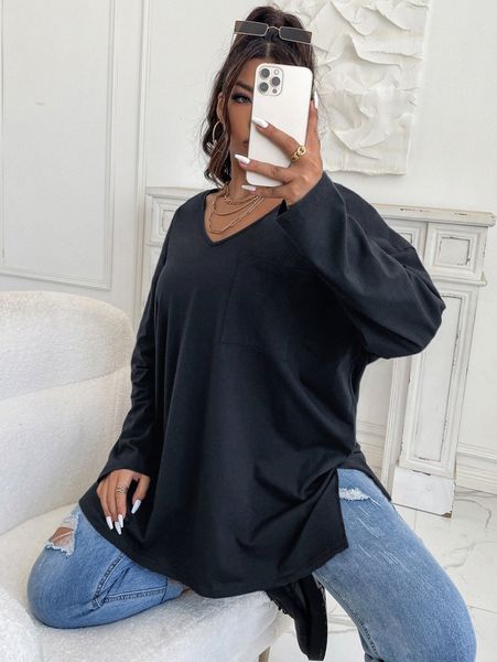 plus patched pocket drop shoulder split hem tee 51kv#, Black
plus patched pocket drop shoulder split hem tee 51kv#, Black