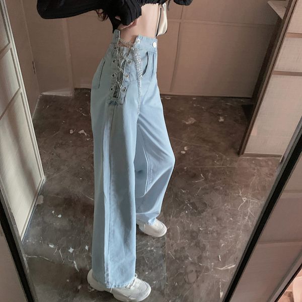 2021 new straight high waist jeans for women spring and summer loose chain wide-leg pants 621b, Black;white 
2021 new straight high waist jeans for women spring and summer loose chain wide-leg pants 621b, Black;white