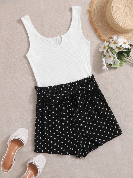 self belted polka dot romper t3to#, White