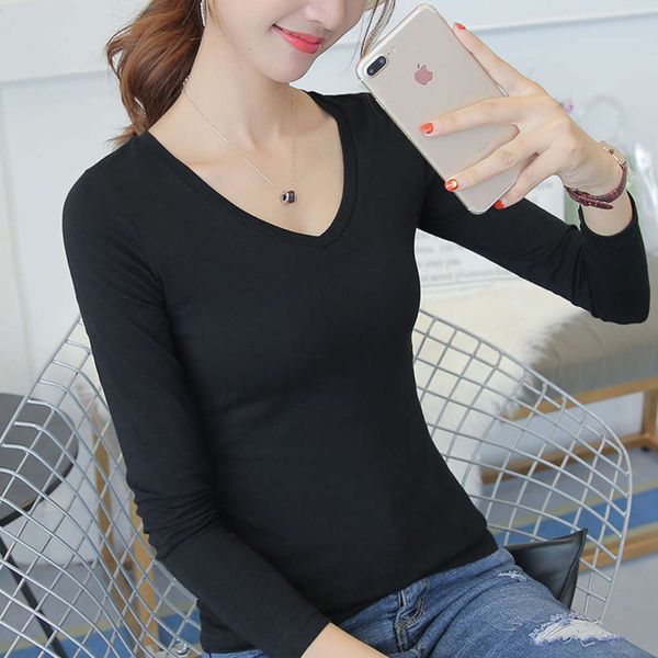 black bottom coat long sleeve early autumn winter with v-neck tight and slim, versatile low collar t-shirt, White
black bottom coat long sleeve early autumn winter with v-neck tight and slim, versatile low collar t-shirt, White
