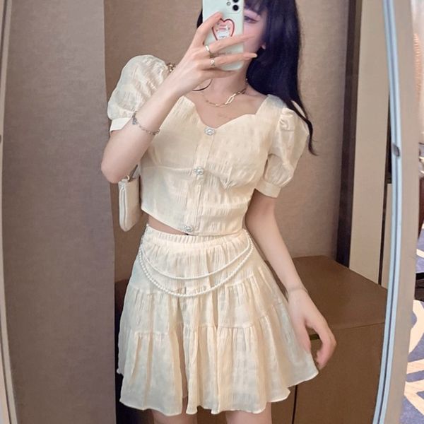 two piece dress fashion sweet set women short sleeve pearl beading shirt blouse + mini skirts sets ladies crop skirt 2 suits 6, White
two piece dress fashion sweet set women short sleeve pearl beading shirt blouse + mini skirts sets ladies crop skirt 2 suits 6, White