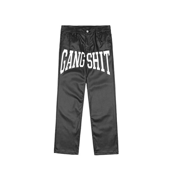 letter print pu leather mens casual trousers straight hip hop loose pants oversized pants, Black 
letter print pu leather mens casual trousers straight hip hop loose pants oversized pants, Black