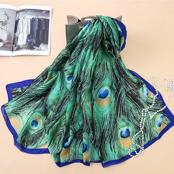 scarves fashion designer silk scarf women print peacock feathers foulard and shawls 3 colors, Blue;gray 
scarves fashion designer silk scarf women print peacock feathers foulard and shawls 3 colors, Blue;gray
