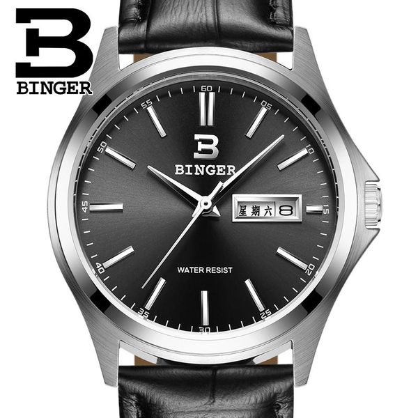 wristwatches switzerland luxury men's watch binger brand quartz full stainless steel clock waterproof complete calendar b3052b-6, Slivery;brown
