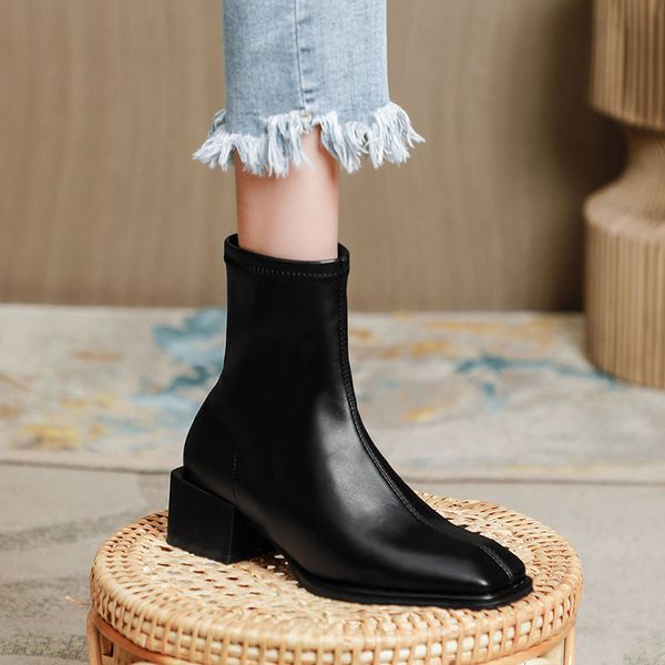 korean version thick heel short women's autumn and winter french high heels elastic thin boots small square head middle tube, Black
korean version thick heel short women's autumn and winter french high heels elastic thin boots small square head middle tube, Black