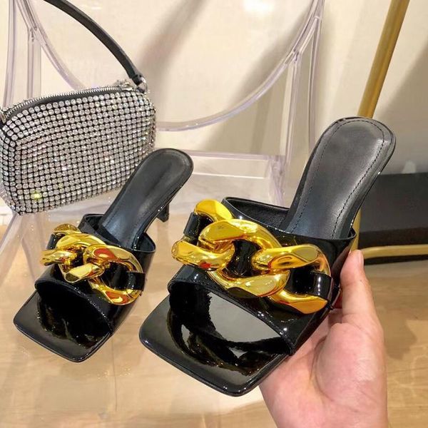 slippers summer women's stilettos slippres shiny patent leather design metal chain decor sandals female square toe party leisure slider, Black
slippers summer women's stilettos slippres shiny patent leather design metal chain decor sandals female square toe party leisure slider, Black