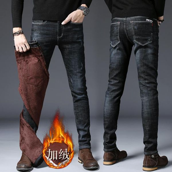 

men's jeans winter fleece men casual black classic fashion designer skinny thick slim fit denim trousers, Blue