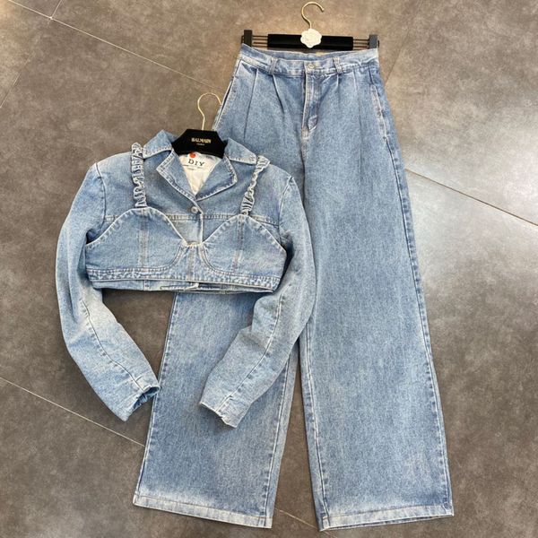 2021 female autumn new fashion long lapel denim short jacket with suspension broad leg breen high waist breeze set sd85, Gray
2021 female autumn new fashion long lapel denim short jacket with suspension broad leg breen high waist breeze set sd85, Gray