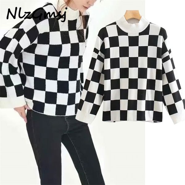 sweater women's black white plaid loose casual knitted pullover mock neck female korean style classic fashion 210628, White;black
sweater women's black white plaid loose casual knitted pullover mock neck female korean style classic fashion 210628, White;black