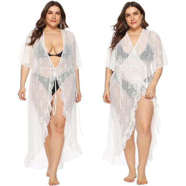 women's swimwear 2021 summer fashion plus size pure color see-through lace ruffled cross strap cardigan beach blouse dress, White;black
women's swimwear 2021 summer fashion plus size pure color see-through lace ruffled cross strap cardigan beach blouse dress, White;black