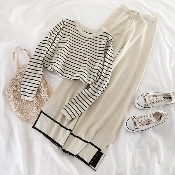 2 piece set women spring autumn new knitted o-neck full drawstring striped loose fashion harajuku female korean style set, Gray
2 piece set women spring autumn new knitted o-neck full drawstring striped loose fashion harajuku female korean style set, Gray