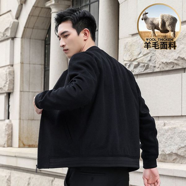 wool et 2021 autumn men's busins leisure middle-aged and youth baseball collar wool coat, Black