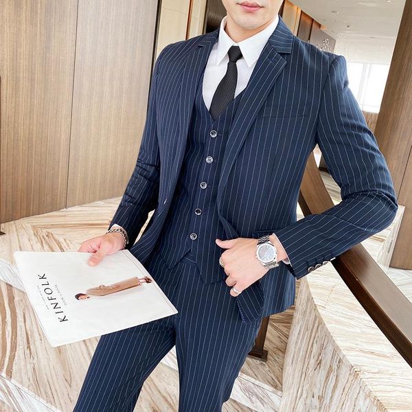 men's suits & blazers 2021 style striped one-button suit business casual three-piece trend, White;black
men's suits & blazers 2021 style striped one-button suit business casual three-piece trend, White;black