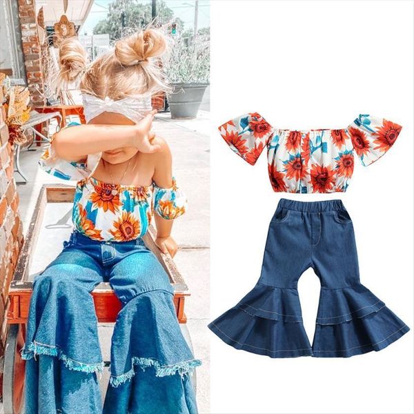 2 7y summer fashion kids girls clothes sets off shoulder flowers printed t shirts denim ruffles flare pants, White
2 7y summer fashion kids girls clothes sets off shoulder flowers printed t shirts denim ruffles flare pants, White