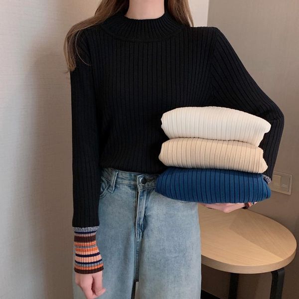 women's sweaters zoki half turtleneck plus velvet thick sweater striped solid color slim knit long sleeve pullover, White;black
women's sweaters zoki half turtleneck plus velvet thick sweater striped solid color slim knit long sleeve pullover, White;black