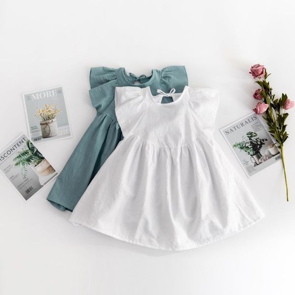 ins cotton linen solid color fly sleeve baby princess skirt new girl's dress, Red;yellow