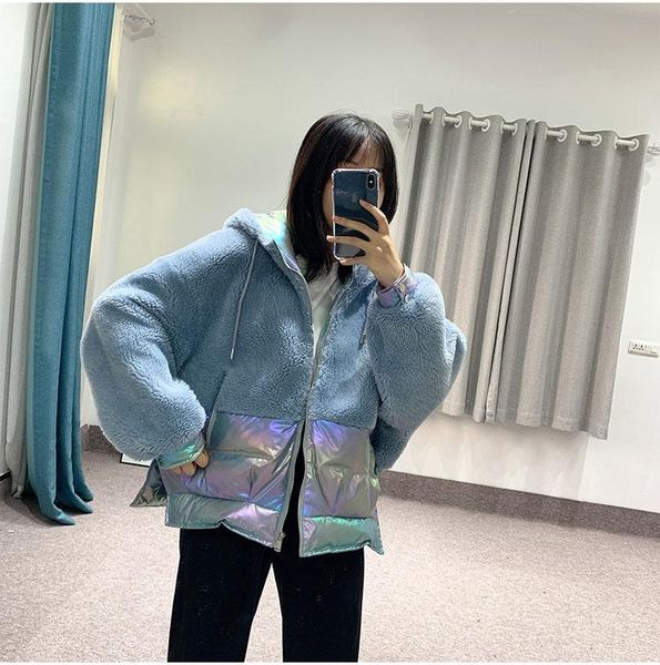 women's fur & faux 2021 winter korean short down jacket lambhair splicing hooded small coat trend, Black
women's fur & faux 2021 winter korean short down jacket lambhair splicing hooded small coat trend, Black