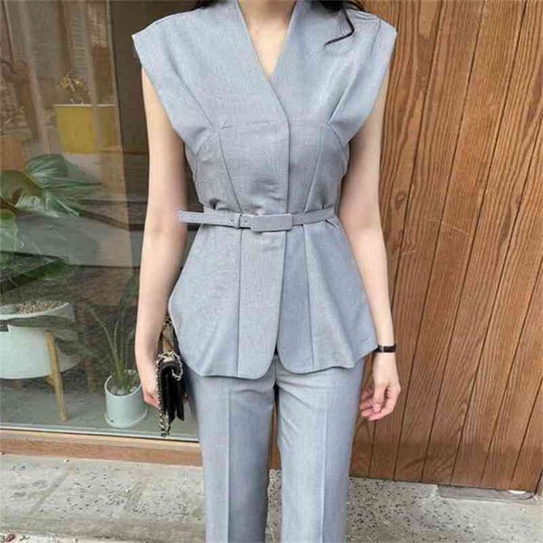 elegant office ladies pant suits button belt blazer suit pants summer sleeveless stylish women occupation set 210603, White