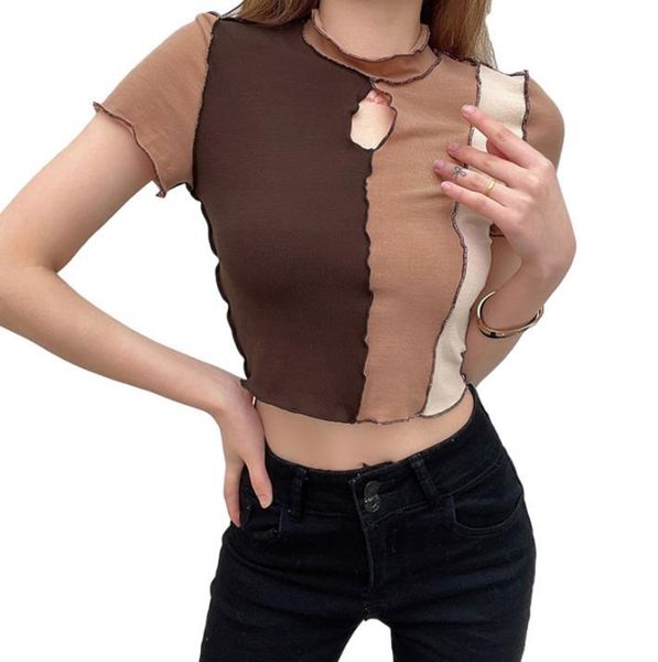 women's t-shirt patchwork crop short sleeve keyhole color block slim fit, White 
women's t-shirt patchwork crop short sleeve keyhole color block slim fit, White