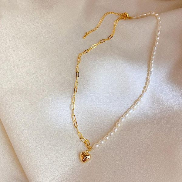 chains korean style love pearl necklace women accessories asymmetric baroque light luxury graceful personality fashion clavicle chain, Silver