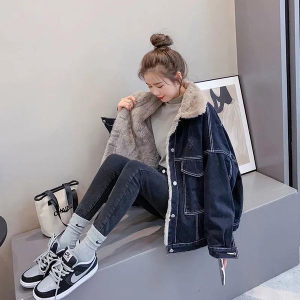 women's down & parkas autumn winter plus velvet thickening lamb wool denim jacket korean turn-down collar single-breasted jackets fashi, Black
women's down & parkas autumn winter plus velvet thickening lamb wool denim jacket korean turn-down collar single-breasted jackets fashi, Black