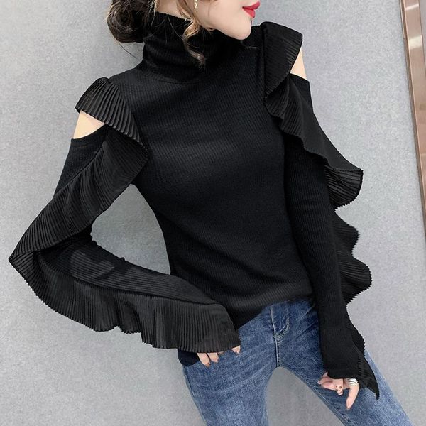 women's sweaters knitted sweater women black jumper winter turtleneck woman ruffles long sleeve pullover off shoulder clothes, White;black
women's sweaters knitted sweater women black jumper winter turtleneck woman ruffles long sleeve pullover off shoulder clothes, White;black