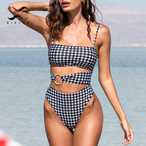 plaid print swimsuit high waist one-piece suit bandeau push swimwear women vintage ring bathing suit hollow out monokini 
plaid print swimsuit high waist one-piece suit bandeau push swimwear women vintage ring bathing suit hollow out monokini