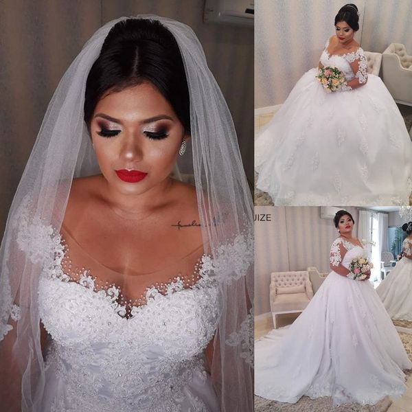 plus size wedding dresses sheer scoop neck beaded lae applique bridal gowns long sleeves a line vestidos de soiree, White
plus size wedding dresses sheer scoop neck beaded lae applique bridal gowns long sleeves a line vestidos de soiree, White