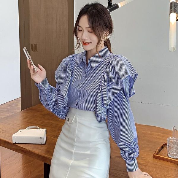women's blouses & shirts blouse women 2021 blue striped ruffles flounces v-neck long sleeve chic woman blusa spring, White
women's blouses & shirts blouse women 2021 blue striped ruffles flounces v-neck long sleeve chic woman blusa spring, White