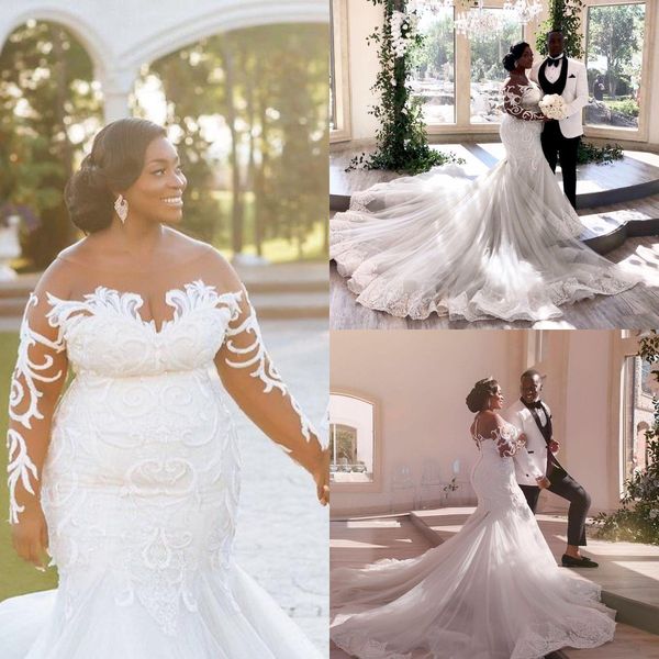 african plus size mermaid wedding dresses bridal gowns illusion long sleeves jewel neck button back lace appliqued vestido de noiva, White
african plus size mermaid wedding dresses bridal gowns illusion long sleeves jewel neck button back lace appliqued vestido de noiva, White