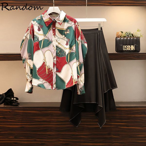 plus female size elegant autumn woman's suit printing shirt and skirt two sets 2021 smart office falling clothes ktkn, Black;gray 
plus female size elegant autumn woman's suit printing shirt and skirt two sets 2021 smart office falling clothes ktkn, Black;gray