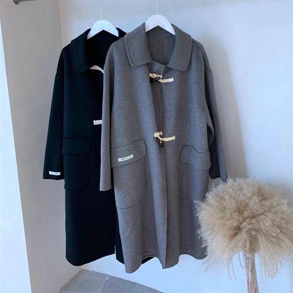 women's wool & blends autumn and winter 2021 100 double faced cashmere fried street coat long korean loose horn button, Black
women's wool & blends autumn and winter 2021 100 double faced cashmere fried street coat long korean loose horn button, Black