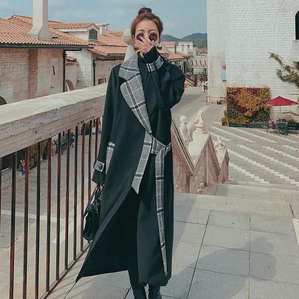 women's wool & blends woolen coat long winter plaid splicing korean casual personality ladies cloak thick loose fashion straight jacket, Black
women's wool & blends woolen coat long winter plaid splicing korean casual personality ladies cloak thick loose fashion straight jacket, Black