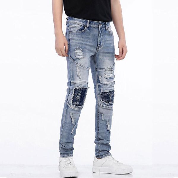 men's jeans mcikkny men ripped biker pleated patches vintage motorcycle denim trousers for male slim fit, Blue
men's jeans mcikkny men ripped biker pleated patches vintage motorcycle denim trousers for male slim fit, Blue
