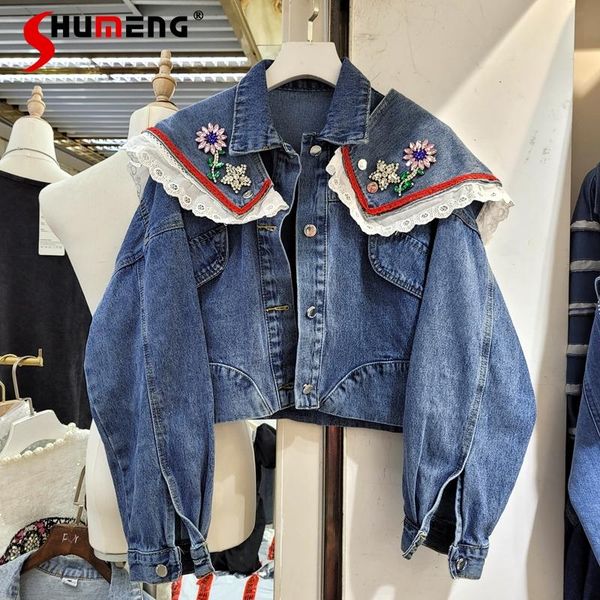 women's jackets 2021 spring fall ladies european ruffled collar lace bud short denim jacket fashion sweet beading solid jeans coat, Black;brown
women's jackets 2021 spring fall ladies european ruffled collar lace bud short denim jacket fashion sweet beading solid jeans coat, Black;brown