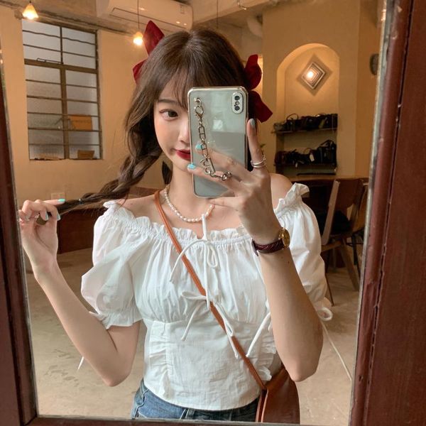 women's t-shirt spring shirt french puff sleeve female design sense niche temperament slim short top, White
women's t-shirt spring shirt french puff sleeve female design sense niche temperament slim short top, White
