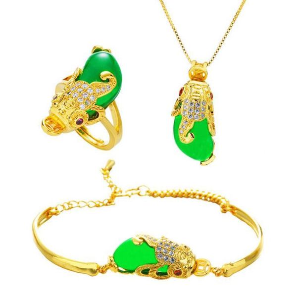 pendant necklaces gold color 3d hard pixiu three-piece set vietnam shajin imitation green crystal bracelet necklace wholesale, Silver
pendant necklaces gold color 3d hard pixiu three-piece set vietnam shajin imitation green crystal bracelet necklace wholesale, Silver