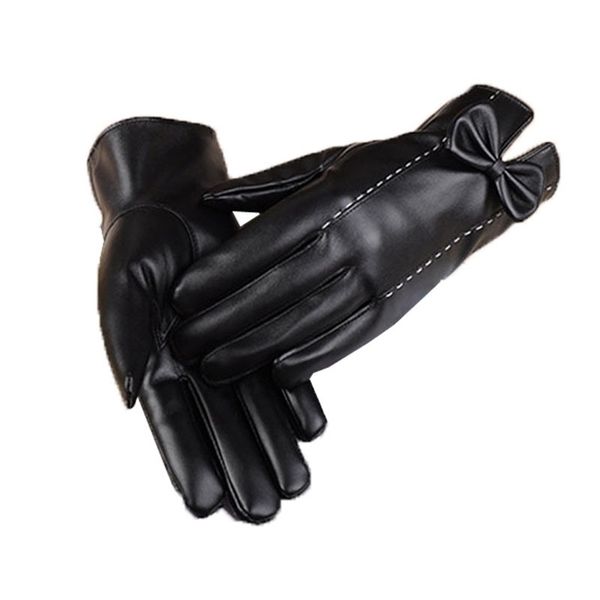 women's winter warm plush pu gloves lovely bow touch screen outdoor thin women 23652, Black
women's winter warm plush pu gloves lovely bow touch screen outdoor thin women 23652, Black