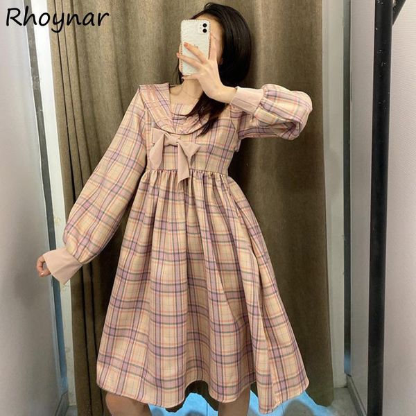 casual dresses women long sleeve preppy style bow students kawaii plaid knee-length chic a-line sailor collar empire design female, Black;gray 
casual dresses women long sleeve preppy style bow students kawaii plaid knee-length chic a-line sailor collar empire design female, Black;gray