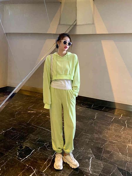 women's two piece pants fake two-piece hooded sweater age-reducing net red suit female spring 2021 salt series fried street girl v, White