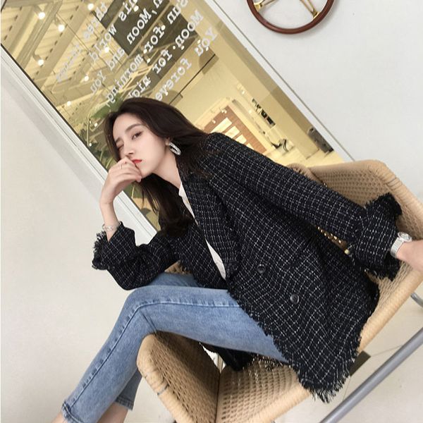 women autumn vintage plaid tweed blazer coat vintage office lady double breasted tassel jacket casual femme outerwears, Black;brown
women autumn vintage plaid tweed blazer coat vintage office lady double breasted tassel jacket casual femme outerwears, Black;brown