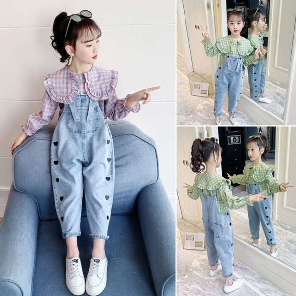 girl's spring in big lotus leaf collar shirt + denim suspender long two piece children's suit, Blue
girl's spring in big lotus leaf collar shirt + denim suspender long two piece children's suit, Blue